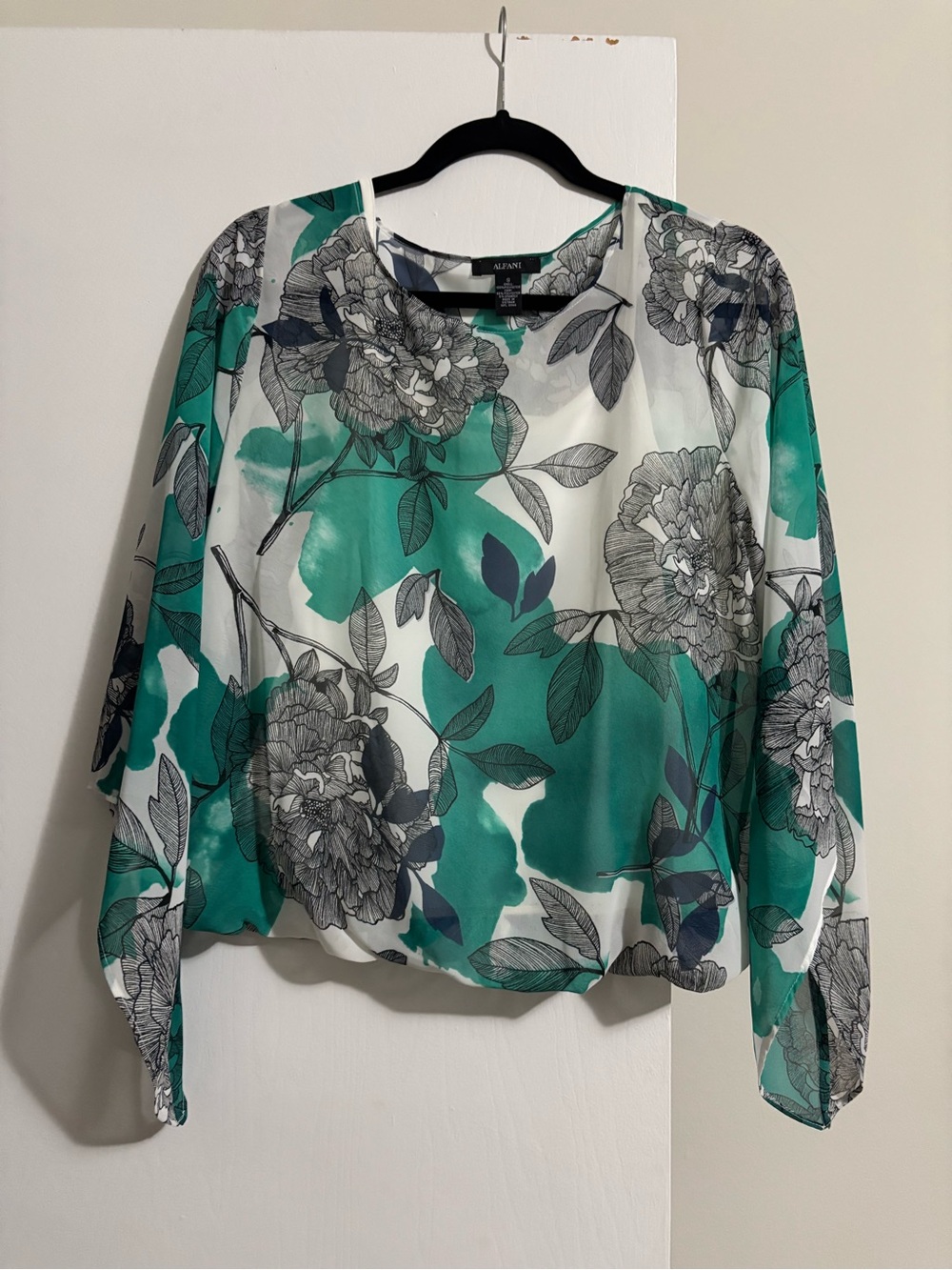 Alfani Teal Floral Sheer Blouse